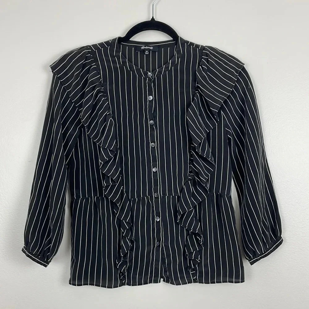 Madewell 100% Silk Blouse Top Size XS Black White Ruffle Neck Whimsigoth
